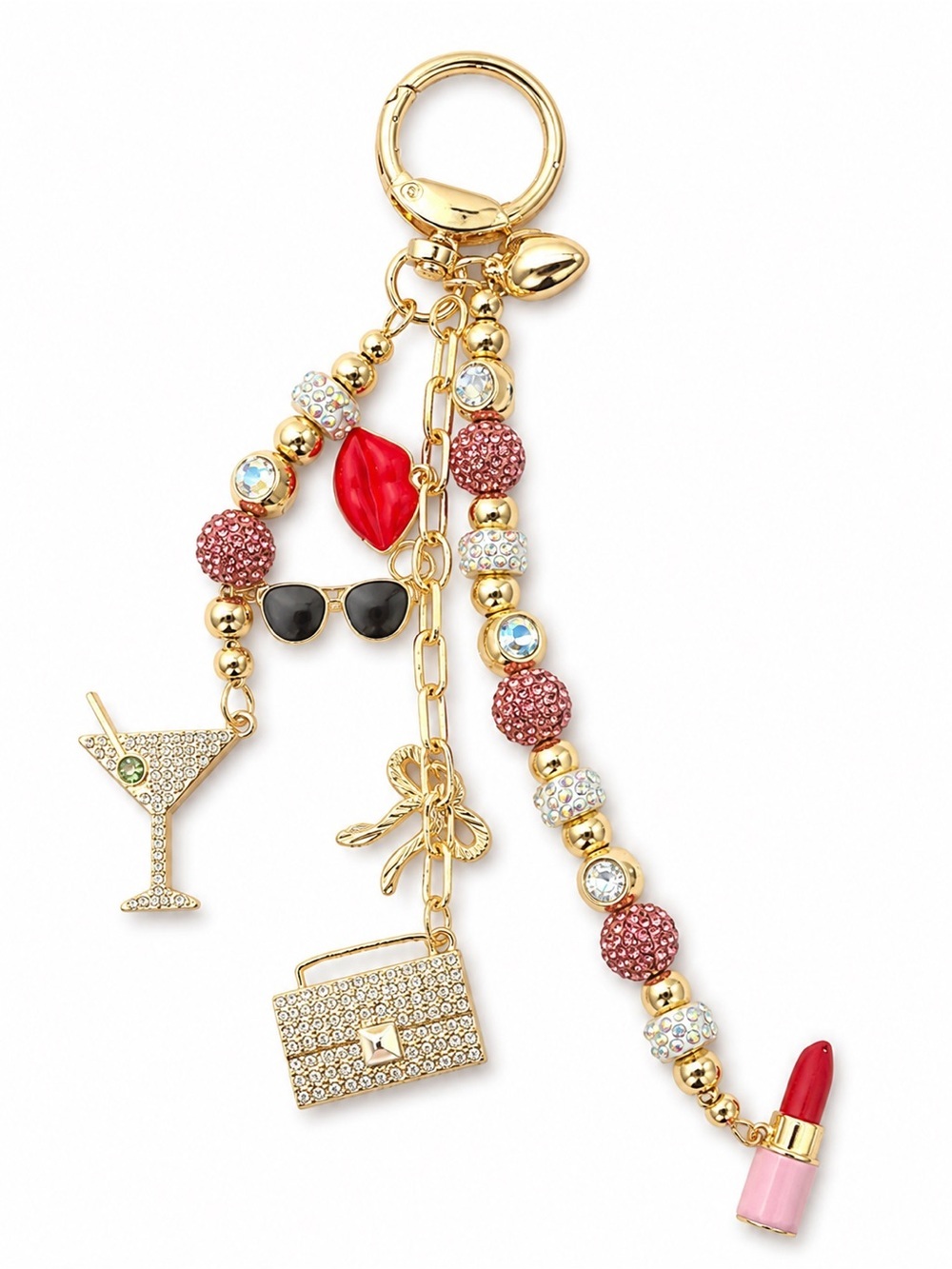 Gold-Tone Red Lip & Lipstick Charm Keychain - Women Accessories
